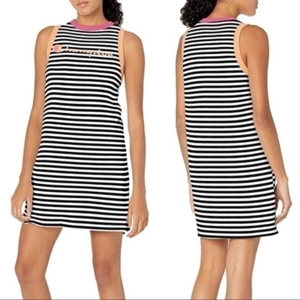 Champion Tank Dress Womens Campus Black White Striped Logo Sleeveless Size L